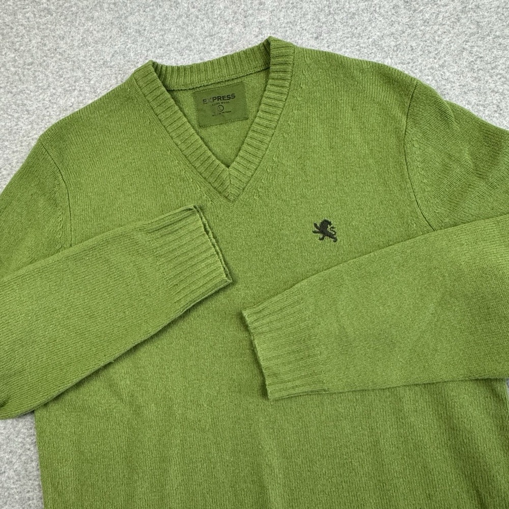 Express Lambswool V Neck Sweater Womens Large Green Embroidered‎ Logo Preppy Y2K